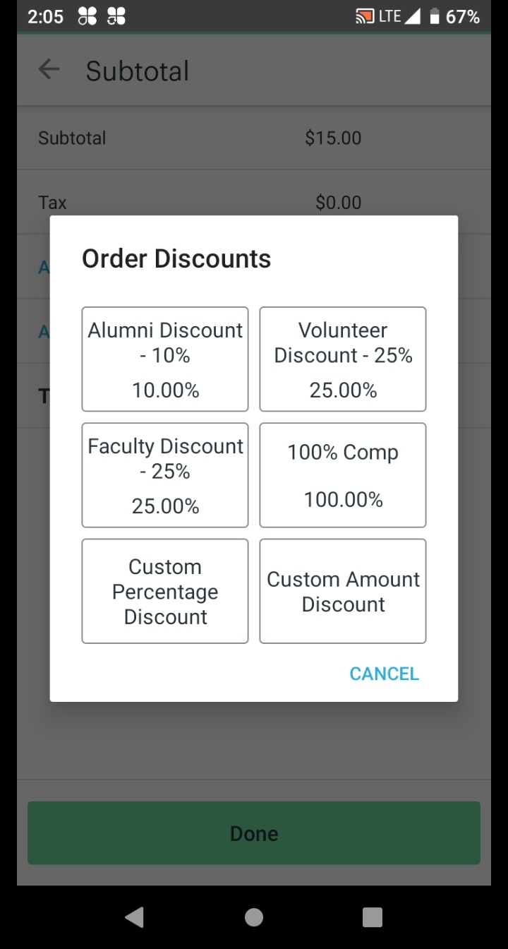 Summer Order Discounts modal showing Alumni, Faculty, Volunteer, 100% Comp, and custom discount buttons.